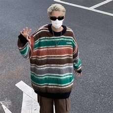 日系宽松慵懒风毛衣男2024春秋季条纹针织衫港风宽松情侣线衣，男装针织衫/毛衣，星座716-2