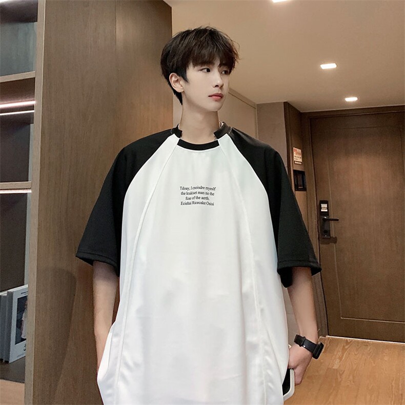 现货不规则领口设计夏季拼接大码短袖潮牌撞色印花T恤846P38,男装T恤,电商A458A