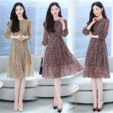 优雅木耳圆领七分袖收腰系带中长款雪纺碎花连衣裙2025春，女装连衣裙，星宇服饰