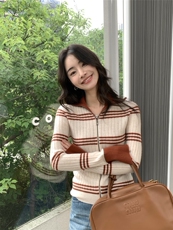 时尚新款条纹开衫女翻领纯色毛衣修身拉链针织外套，女装针织衫/毛衣，玛卡隆羊绒