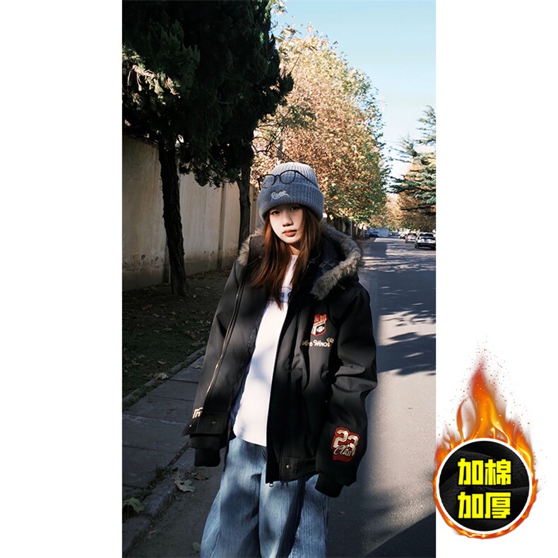 现货高品质美式高街重磅刺绣座山雕大毛毛领棉衣男女加厚棉服外套,男装棉衣,电商A443