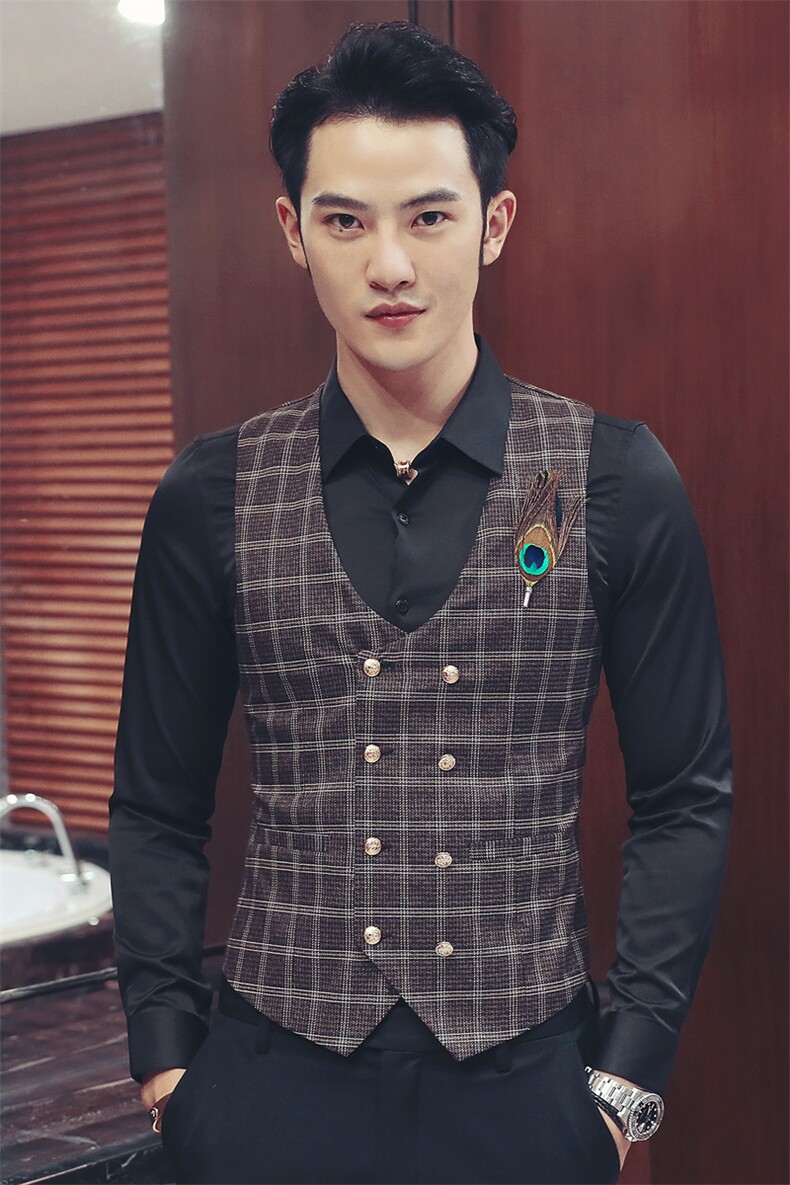 Y8753-2021羽毛装饰型男双排扣马甲工作服潮理发师休闲马甲P50,男装背心/马甲,星座717A