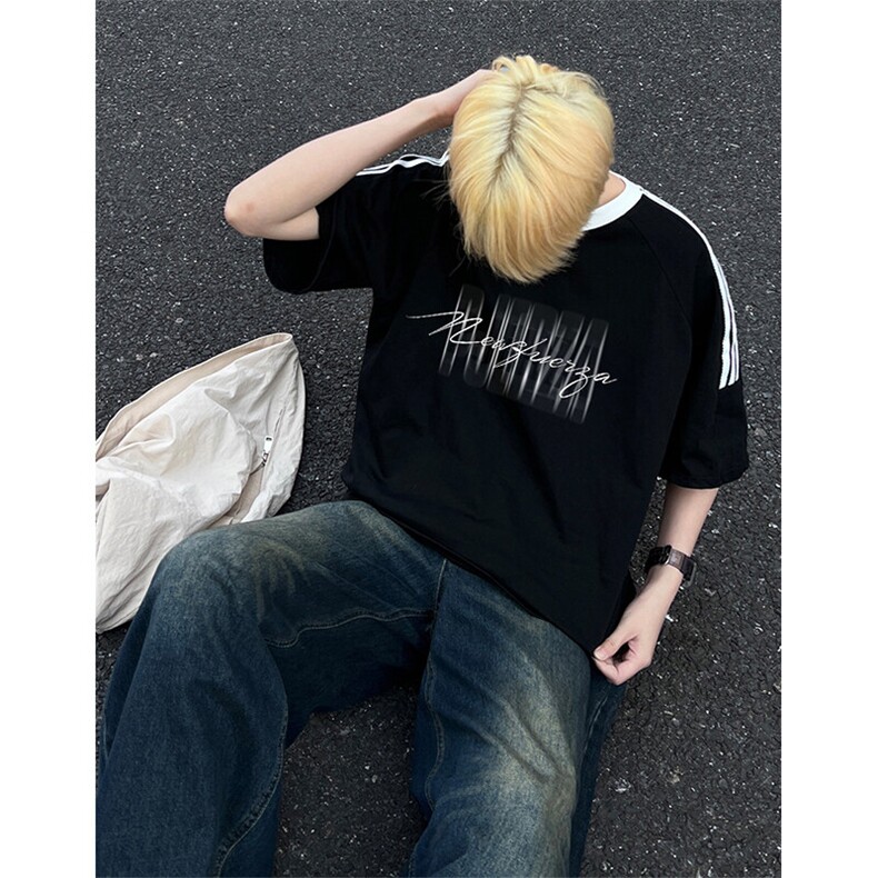 可48小时发货支持抖音得物来样二开重磅美式高街纯棉织带短袖T恤，男装T恤，电商A486-1