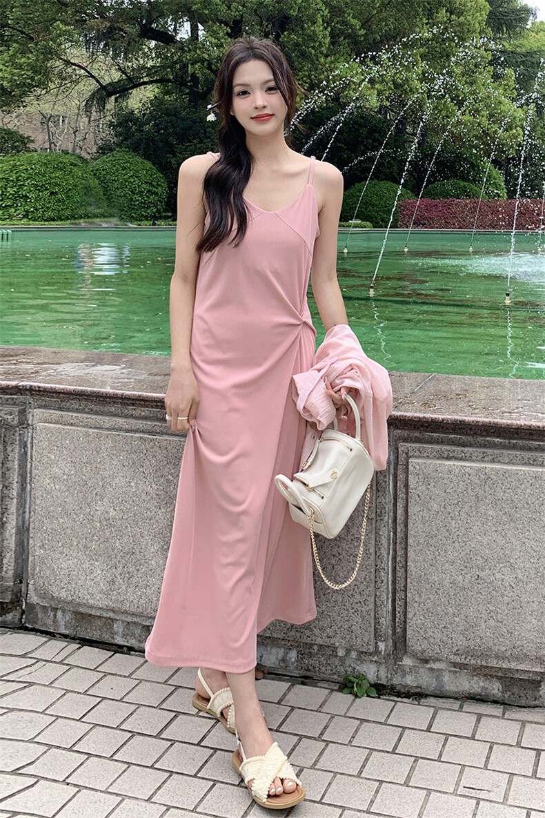 长袖衬衫针织吊带连衣裙女夏两件套2024新韩版时尚圆领套头长裙子,女装套装/套裙,鑫慧