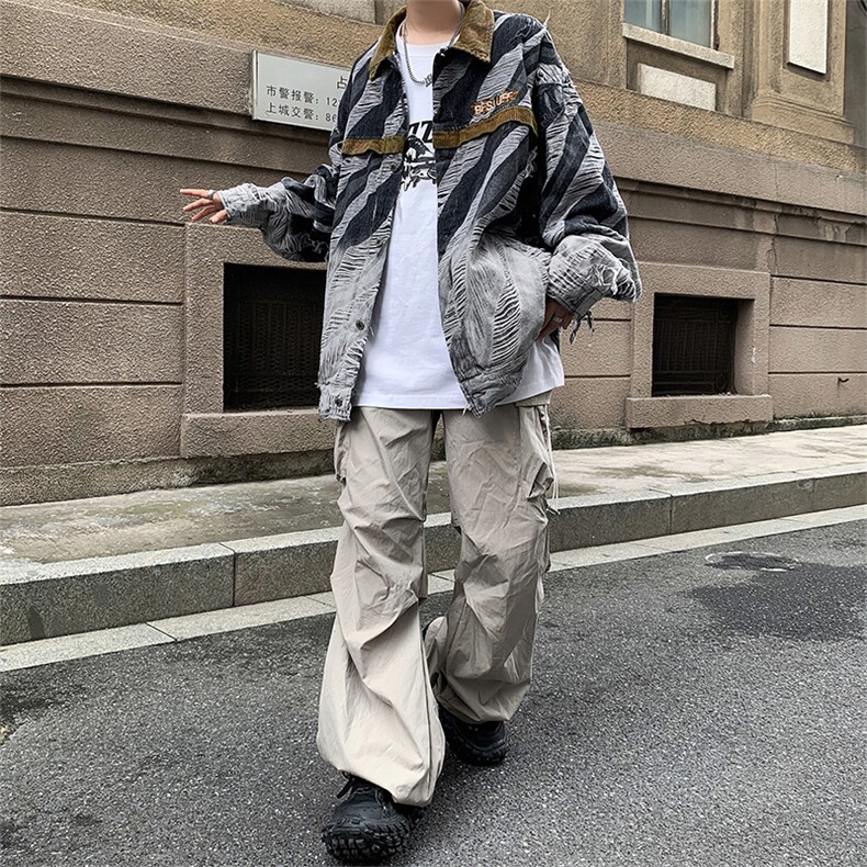 斑马纹渐变牛仔外套男秋季美式高街vibe风上衣春秋款潮牌乞丐夹克,男装夹克,星座601-2