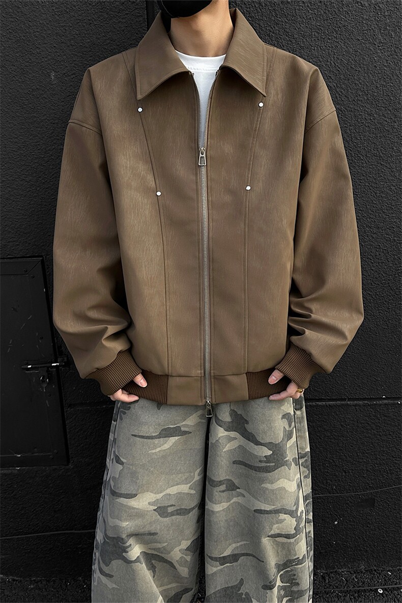 美式翻领皮衣男春季铆钉宽松夹克休闲外套男C61310-TP55不,男装夹克,电商A102