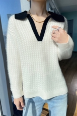 23秋冬新款POLO领纯羊毛衫女拼色麻花毛衣宽松羊绒衫针织打底上衣，女装羊毛衫，百越羊绒