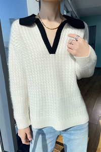 23秋冬新款POLO领纯羊毛衫女拼色麻花毛衣宽松羊绒衫针织打底上衣图片