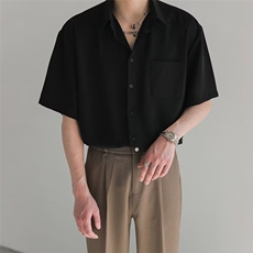 衬衫男短袖夏季薄款韩版潮流冰丝宽松休闲古巴领黑色衬衣痞帅上衣，男装衬衫，星座1013