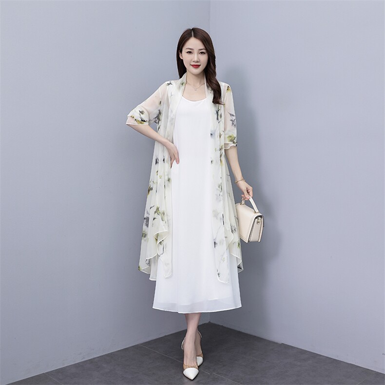 夏季新款优雅印花防晒外披长款连衣裙两件套,女装连衣裙,秀美人生