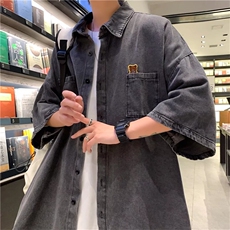 高街工装牛仔短袖衬衫男士夏季炸街情侣五分袖中性衬衣CS1352-p45，男装衬衫，星座1008