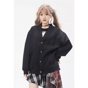 抖音得物高品质 秋冬美式高街重磅单排扣结构卫衣V领开衫外套W110图片