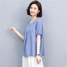 刺绣上衣女2022夏季新款短袖t恤百搭时尚中年妈妈小衫，女装T恤，忆绮罗