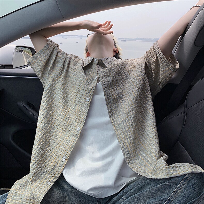B221美式ins高街宽松薄款泡泡格短袖衬衫SY2548-特P35控59,男装衬衫,电商B221
