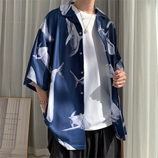 2021夏季新款男士鲨鱼印花宽松短袖衬衫百搭外套潮D85P48，男装衬衫，电商A335-1（原A458）