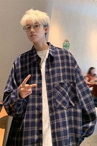 衬衣男春季新款港风宽松大码磨毛格子长袖衬衫CS530-P38图片