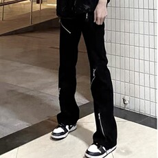 高街拉链小众黑色加绒牛仔裤潮牌复古直筒微喇裤子K6087-P48网图，男装牛仔裤，电商B245