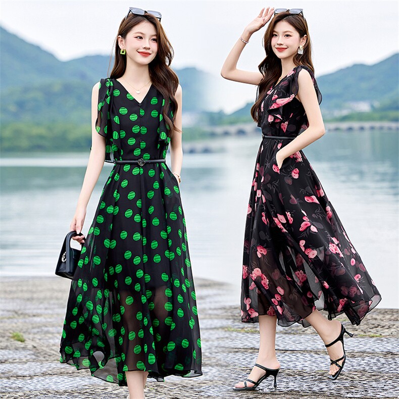 法式高端碎花连衣裙女2025夏新款气场强大十三行减龄收腰显瘦裙子图片