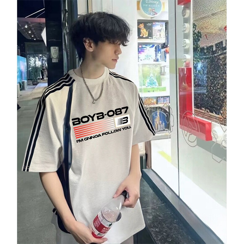 抖音得物品质二开240克宽松纯棉美式潮牌印花三条杠中性风短袖T恤图片