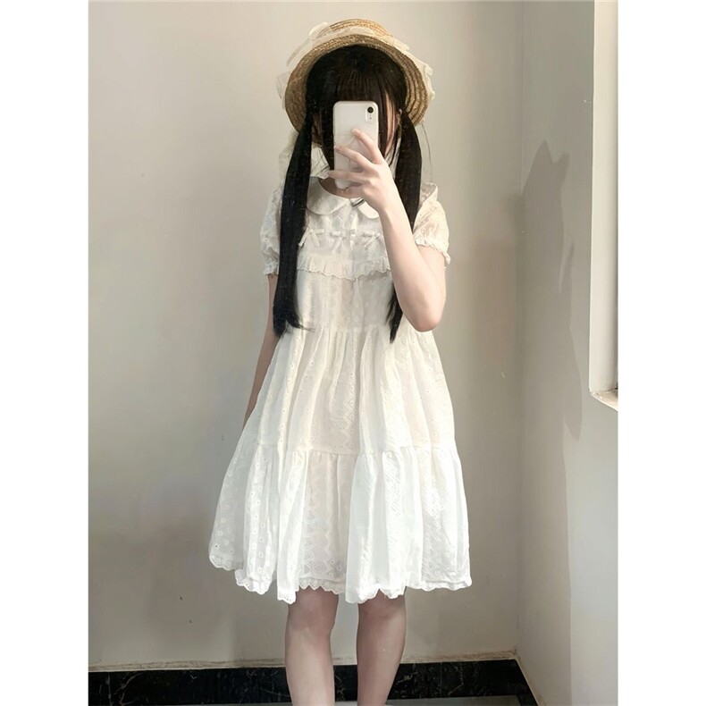 初恋小白裙可爱学院风绣花连衣裙女夏季宽松小个子泡泡袖娃娃短裙,女装连衣裙,星座506A