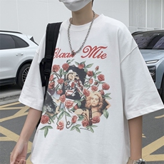 夏季复古做旧玫瑰花短袖潮牌情侣宽松情侣五分袖男T1074-P32，男装T恤，星座512-2