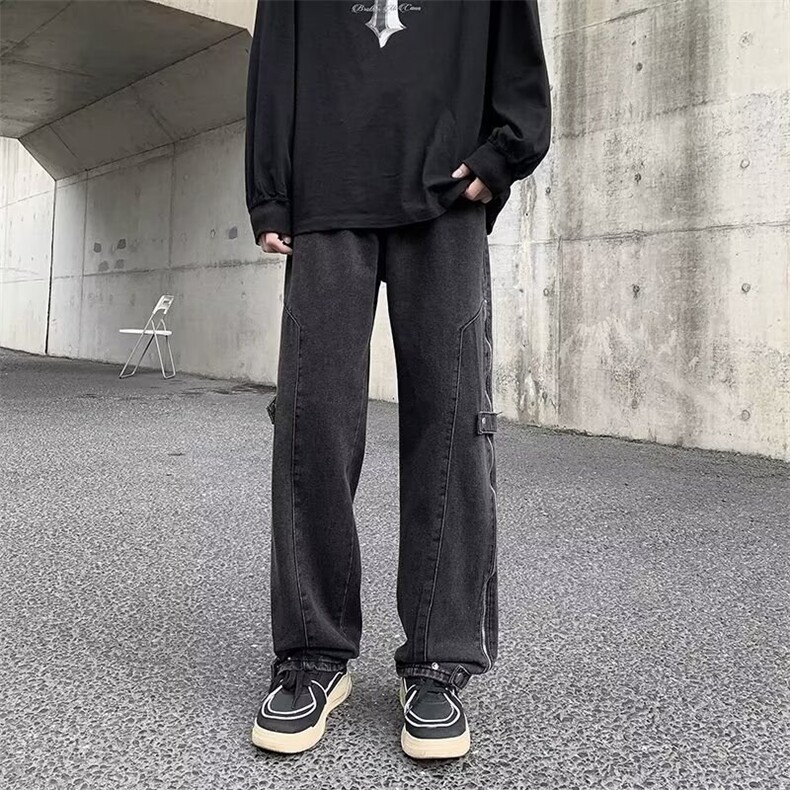 美式牛仔裤裤子vibe高街设计复古拉链直筒开叉宽松休闲长裤,男装牛仔裤,四季星座505