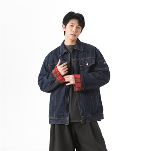美式复古格纹拼接牛仔外套男女休闲宽松百搭工装夹克潮JK1166-P80图片
