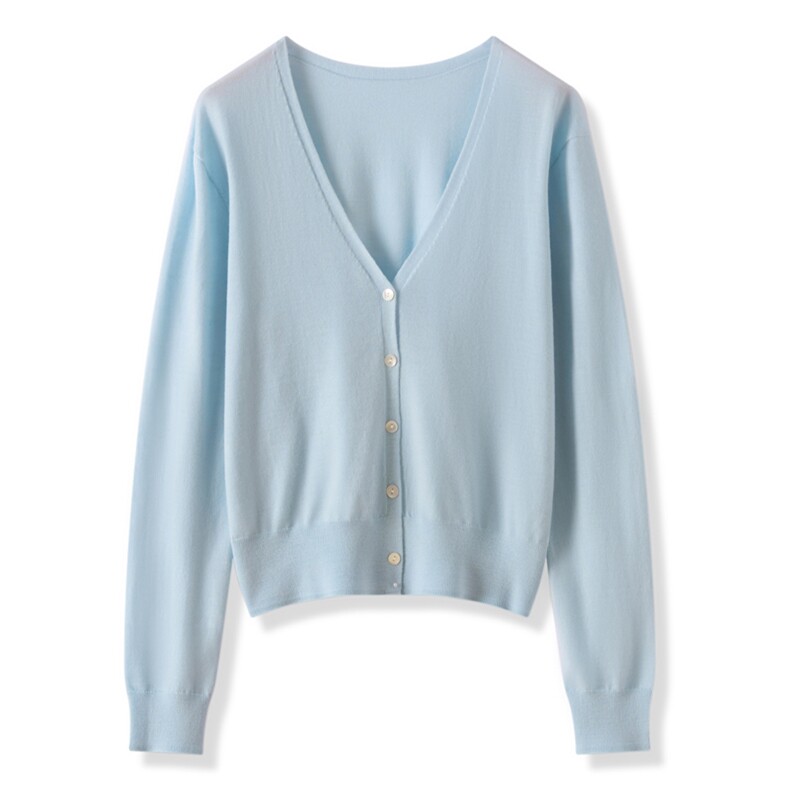 通勤百搭V领针织开衫女纯色长袖精纺羊毛针织外搭上衣25秋季新款图片
