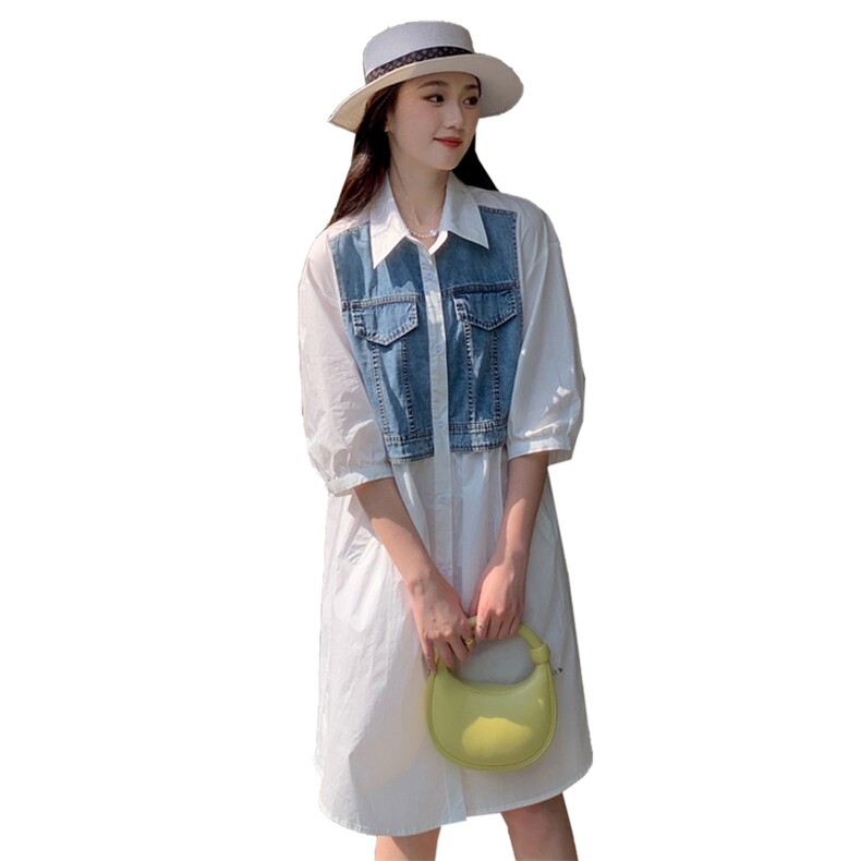 《现货新品》假两件牛仔翻领衬衫连衣裙,女装连衣裙,MQ
