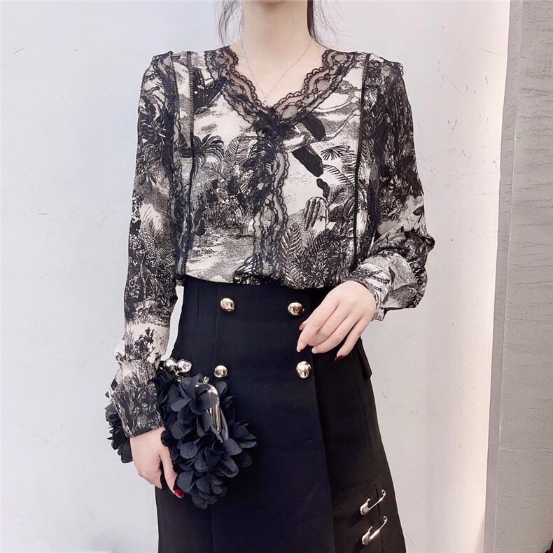 秋冬新款蕾丝花边V领衬衫，女装衬衫，青橙愫