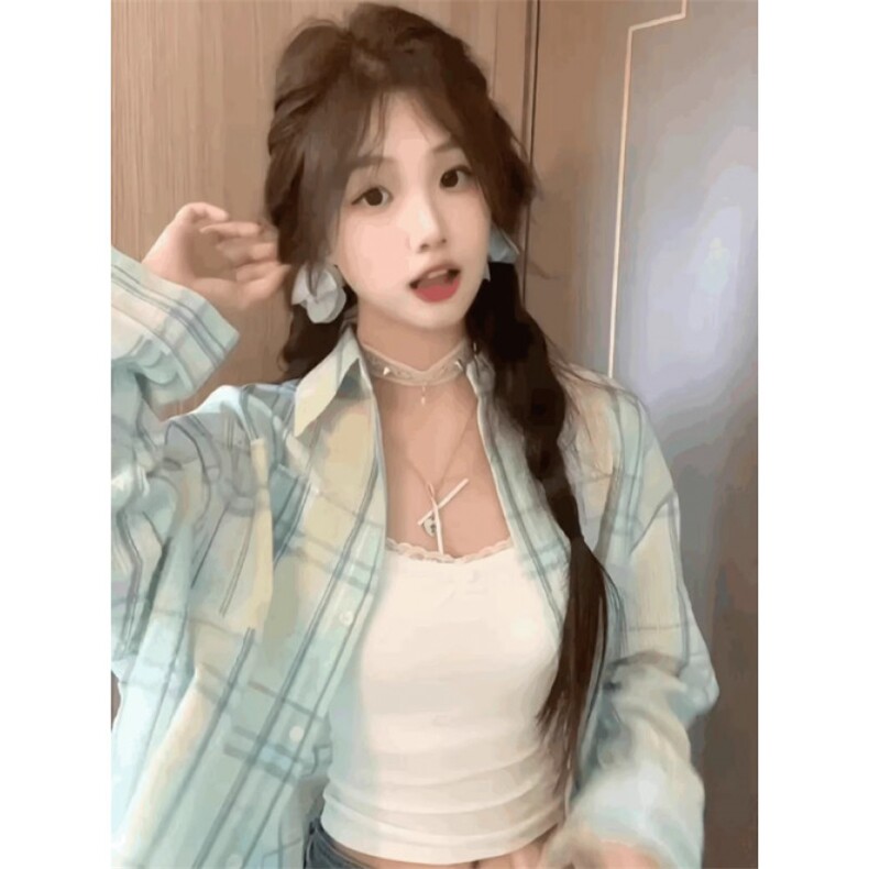 TC630-P45夏季韩系宽松防晒长袖格子衬衫薄荷曼波风穿搭，女装衬衫，星座617A-2