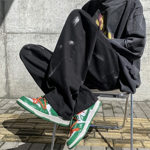 潮牌泼墨牛仔裤男宽松直筒阔腿九休闲裤男N0163-P45图片