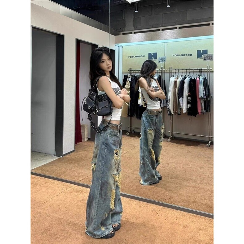 破洞牛仔裤常规高腰牛仔裤长裤子废土风泼墨破洞牛仔裤子女做旧,男装牛仔裤,星座1210-1