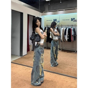 破洞牛仔裤常规高腰牛仔裤长裤子废土风泼墨破洞牛仔裤子女做旧图片