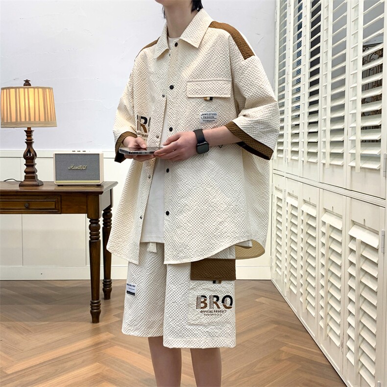 夏季潮流玉米格开衫宽松短袖衬衣短裤帅气港风套装A436-D219-P60，男装休闲套装，电商A436