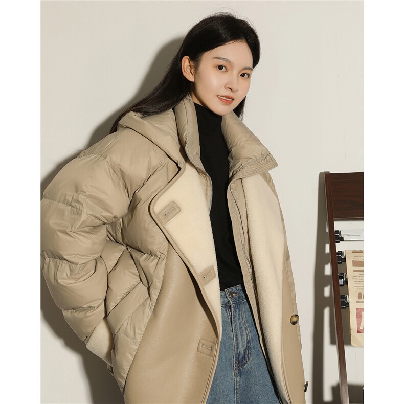 新标90%羽绒羊羔毛拼pu皮假两件连帽女士羽绒服上衣8339/P330，男装皮衣，星座202-3