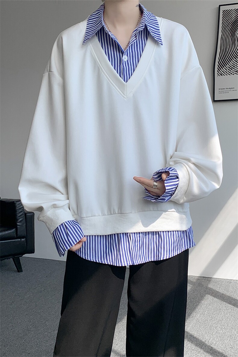 秋冬男士韩系学院风假两件卫衣宽松条纹拼接休闲上衣外套P65,女装短外套,电商B319