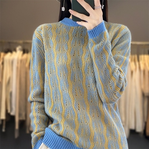 秋冬新款100%纯羊毛衫女圆领提花拼色镂空套头毛衣羊绒针织打底衫图片