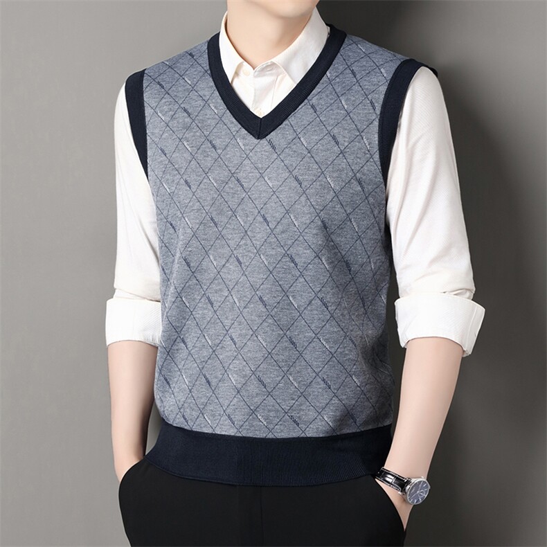 秋冬季加绒休闲爸爸装格子马甲套头宽松中老年款坎肩毛衣背心M31，男装针织衫/毛衣，星座1706