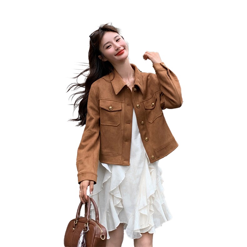 小个子早秋外套女短款2025新款今年流行又a又飒麂皮绒机车服夹克,女装短外套,2C029