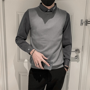 毛衣男士秋冬新款打底衫韩版修身长袖假两件简约痞帅衬衫领针织衫图片