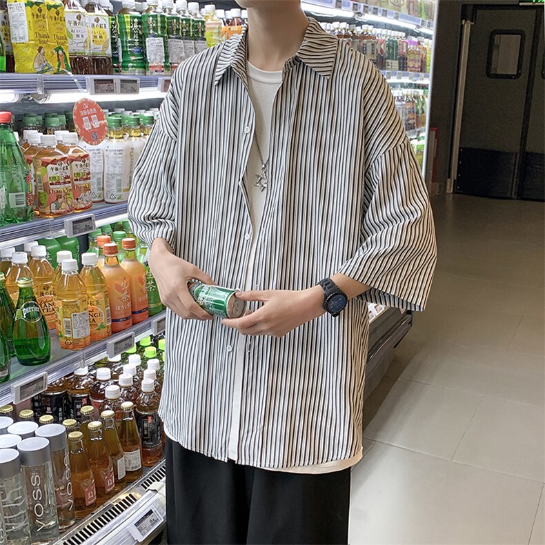 2025春夏新款港风条纹潮流短袖男衬衫上衣D201-DM93-P40图片