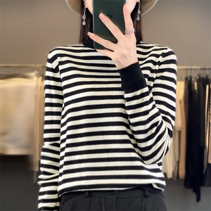秋冬蕾丝拼接半高领条纹针织打底衫女宽松套头百搭减龄内搭毛衣新图片