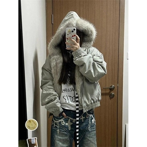 现货高品质美式高街冬季重磅硬挺短款座山雕毛领棉衣男女加厚外套图片