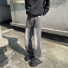 烟灰牛仔裤男秋冬款美式痞帅高级感裤子宽松直筒微喇裤N2106-P48，男装牛仔裤，星座308B-1