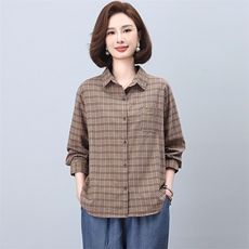 格子衬衫女2025新款春秋中老年时尚洋气短款纯棉衬衣，女装衬衫，忆绮罗