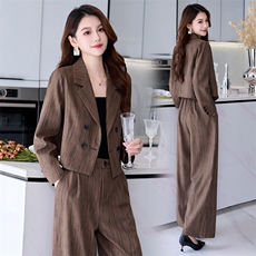 气质条纹印花西服套装女2024秋季新款休闲通勤短外套阔腿裤两件套，女装套装/套裙，时尚俏佳人