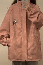 1中性风PU皮复古做旧可拆卸四芒星胸针设计夹克男JK77757P90控128，女装短外套，星座226-2