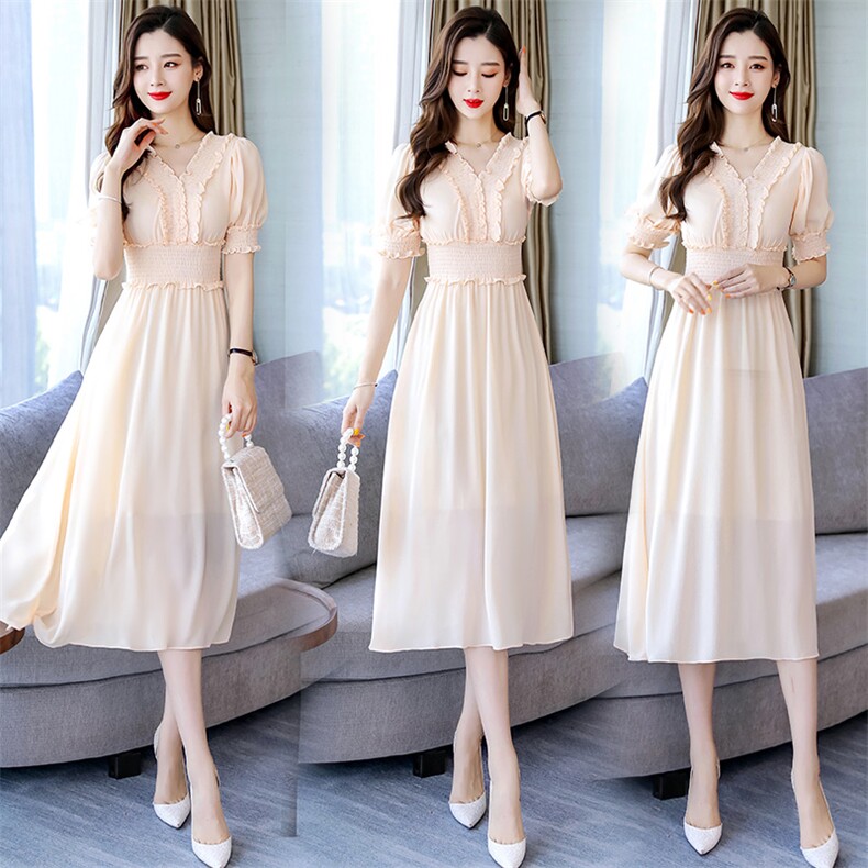 2023年夏季韩版时尚潮流木耳花边拼接中长款套头V领连衣裙，女装连衣裙，时尚俏佳人