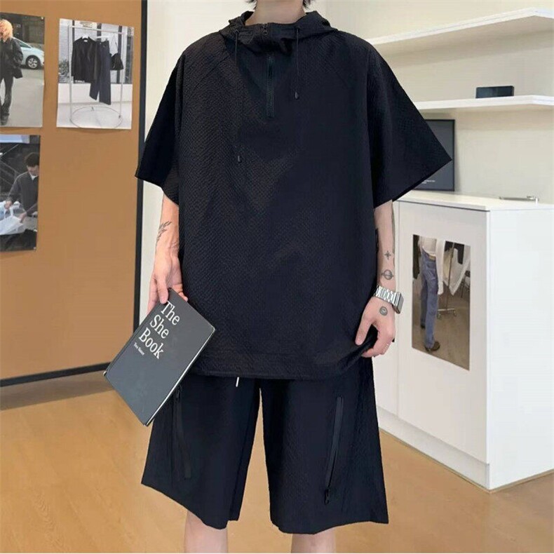 网图慎用连帽泡泡纱防晒套装新款短袖百搭宽松T恤套装TZ558P50，男装防晒衣，电商A128